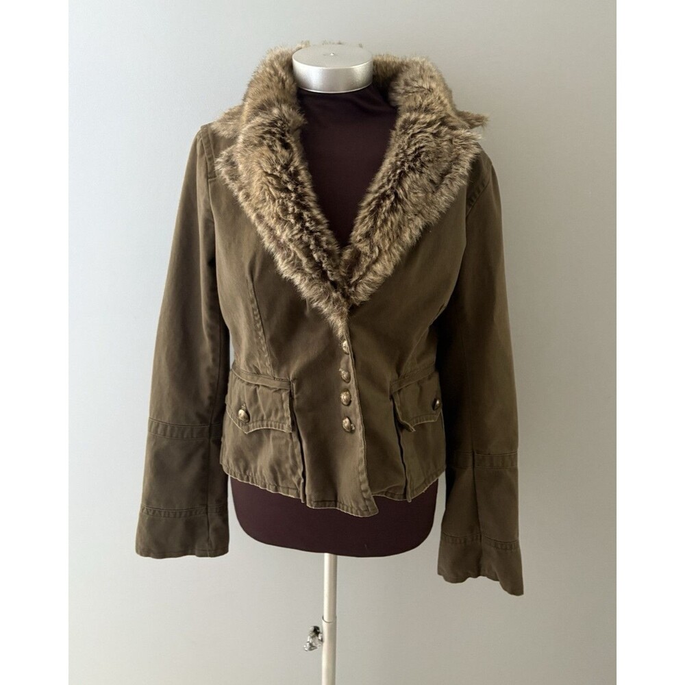 Y2K BB Dakota Faux Fur Trim Jacket Womens L Green Military Canvas Grunge Boho *
